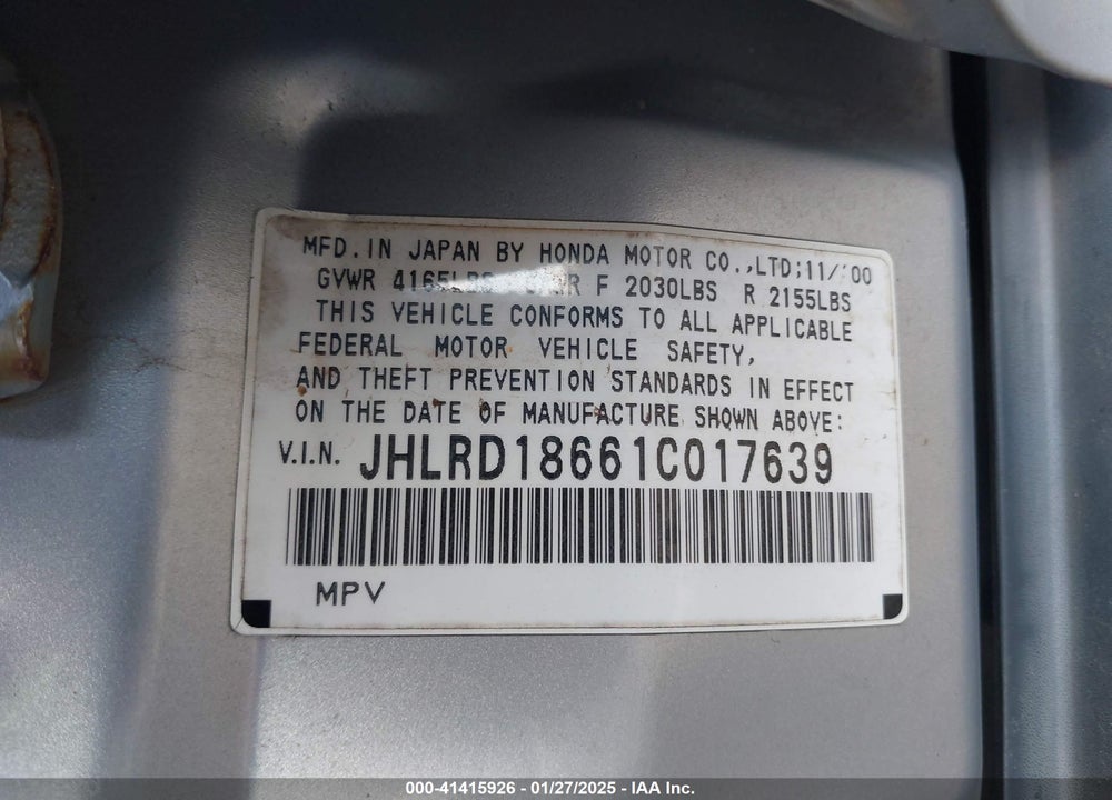 2001 HONDA CR-V EX VIN: JHLRD18661C017639