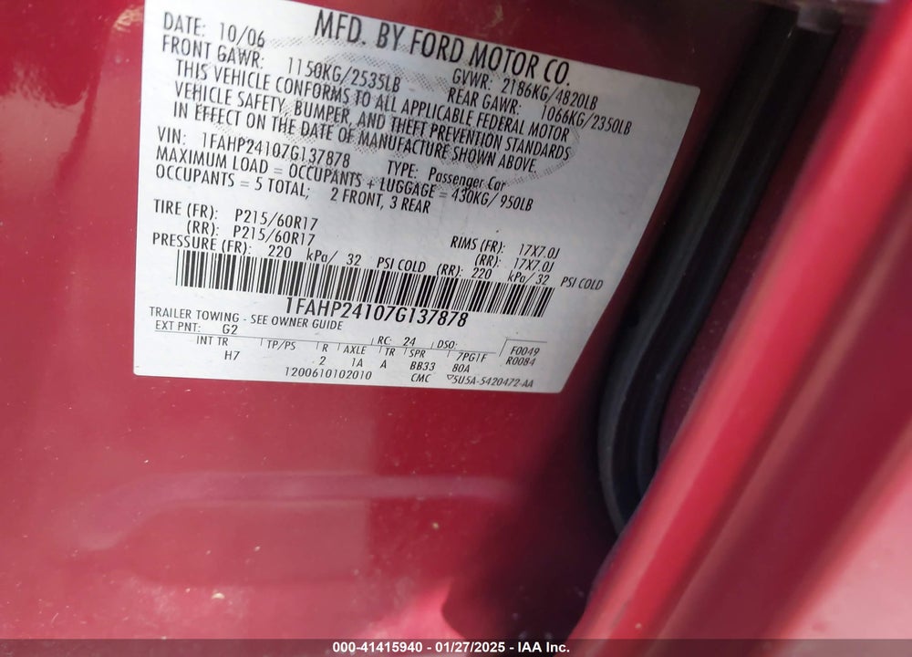 2007 FORD FIVE HUNDRED VIN: 1FAHP24107G137878