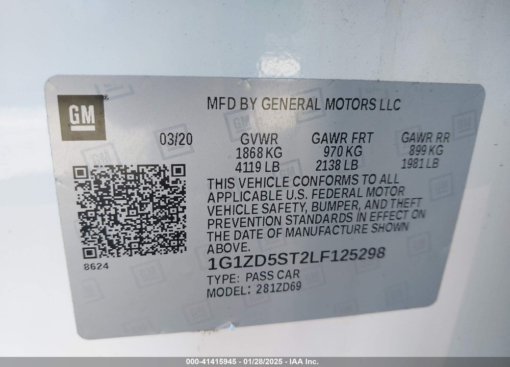 2020 CHEVROLET MALIBU FWD LT VIN: 1G1ZD5ST2LF125298