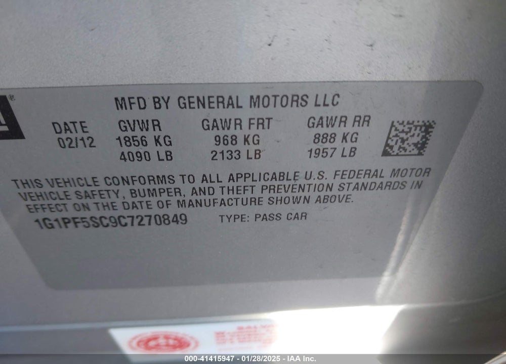 2012 CHEVROLET CRUZE 1LT VIN: 1G1PF5SC9C7270849
