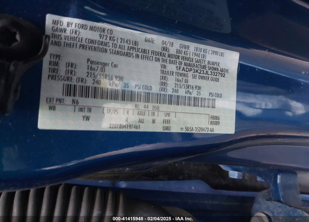 2018 FORD FOCUS SE VIN: 1FADP3K23JL332792