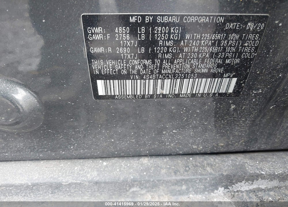 2020 SUBARU OUTBACK VIN: 4S4BTACCXL3251053