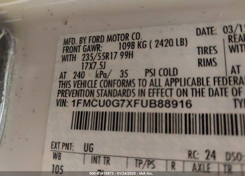 2015 FORD ESCAPE SE VIN: 1FMCU0G7XFUB88916