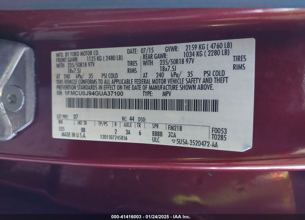 2016 FORD ESCAPE TITANIUM VIN: 1FMCU0J94GUA37100