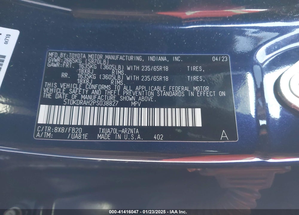 2023 TOYOTA HIGHLANDER L VIN: 5TDKDRAH2PS038827