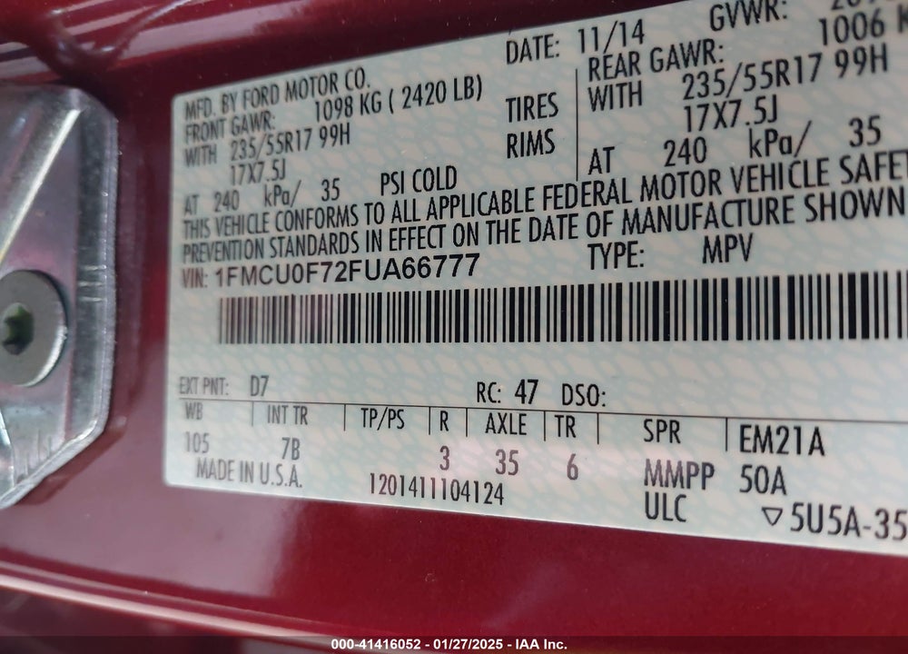2015 FORD ESCAPE S VIN: 1FMCU0F72FUA66777