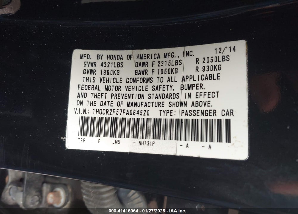 2015 HONDA ACCORD SPORT VIN: 1HGCR2F57FA084520