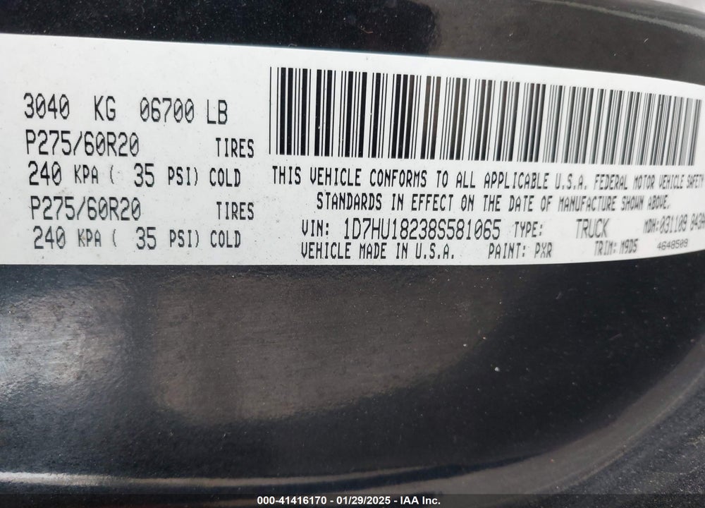2008 DODGE RAM 1500 SLT VIN: 1D7HU18238S581065