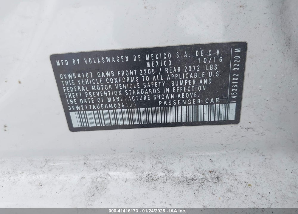 2017 VOLKSWAGEN GOLF VIN: 3VW217AU5HM025109