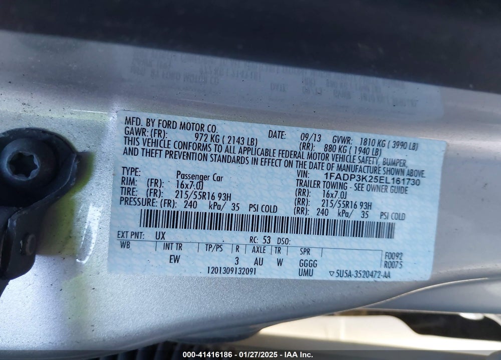 2014 FORD FOCUS VIN: 1FADP3K25EL161730