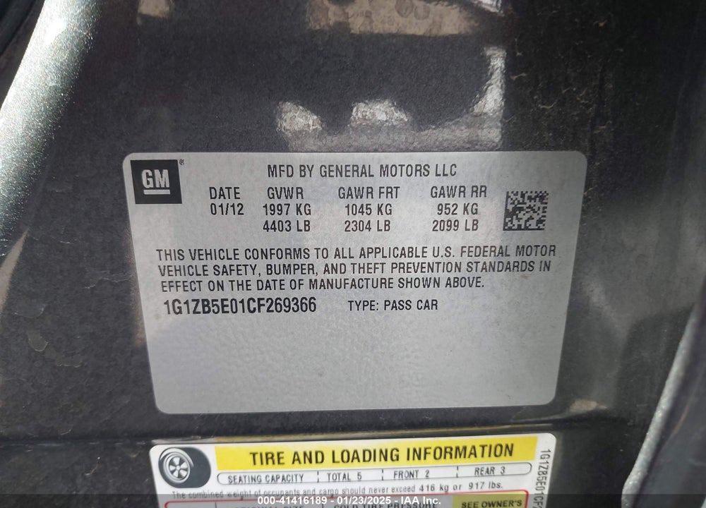 2012 CHEVROLET MALIBU LS VIN: 1G1ZB5E01CF269366