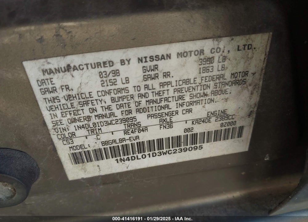 1998 NISSAN ALTIMA GLE/GXE/SE/XE VIN: 1N4DL01D3WC239095