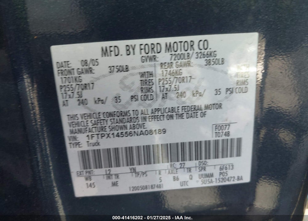 2006 FORD F150 VIN: 1FTPX14556NA08189