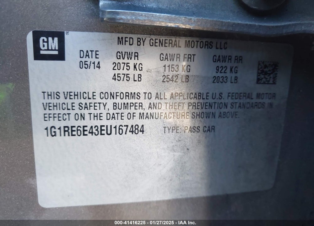 2014 CHEVROLET VOLT VIN: 1G1RE6E43EU167484