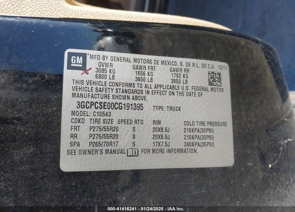 2012 CHEVROLET SILVERADO VIN: 3GCPCSE00CG191395