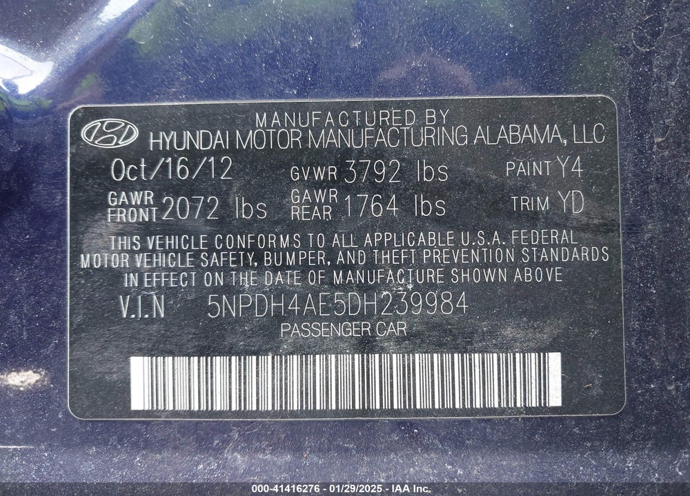 2013 HYUNDAI ELANTRA VIN: 5NPDH4AE5DH239984