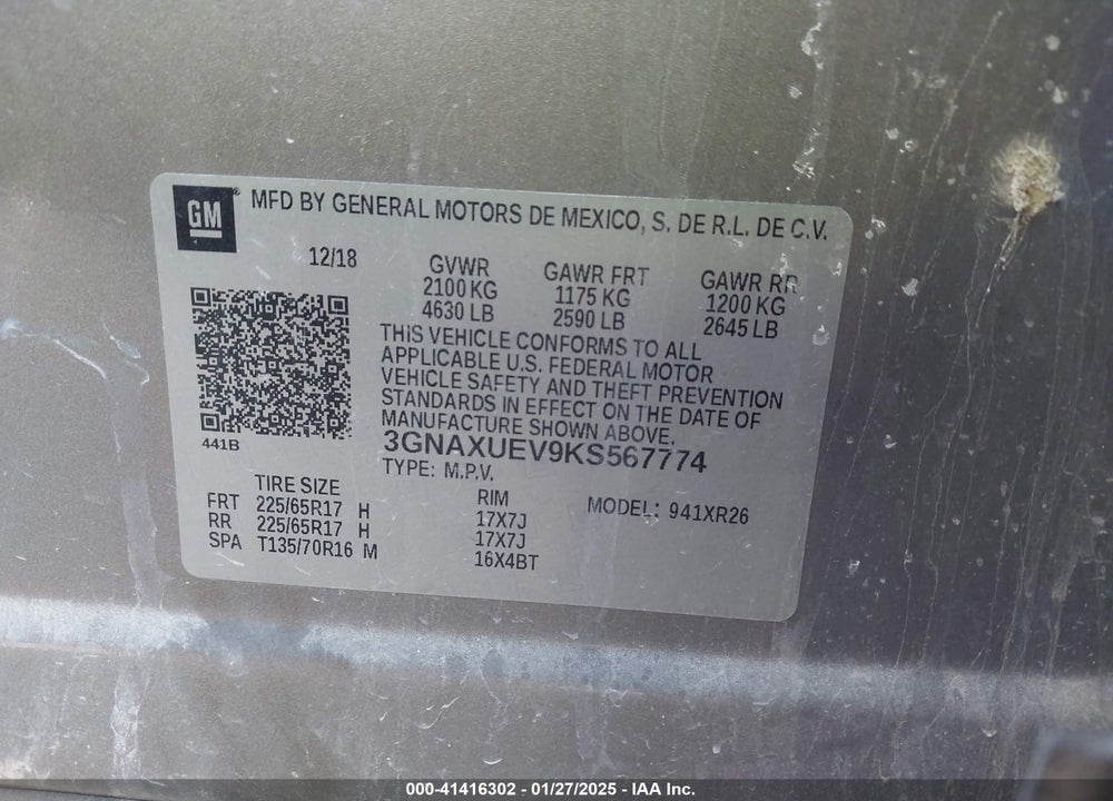 2019 CHEVROLET EQUINOX VIN: 3GNAXUEV9KS567774