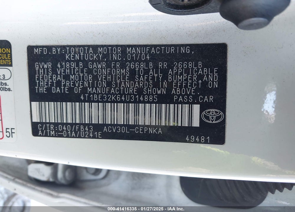 2004 TOYOTA CAMRY LE VIN: 4T1BE32K64U314885