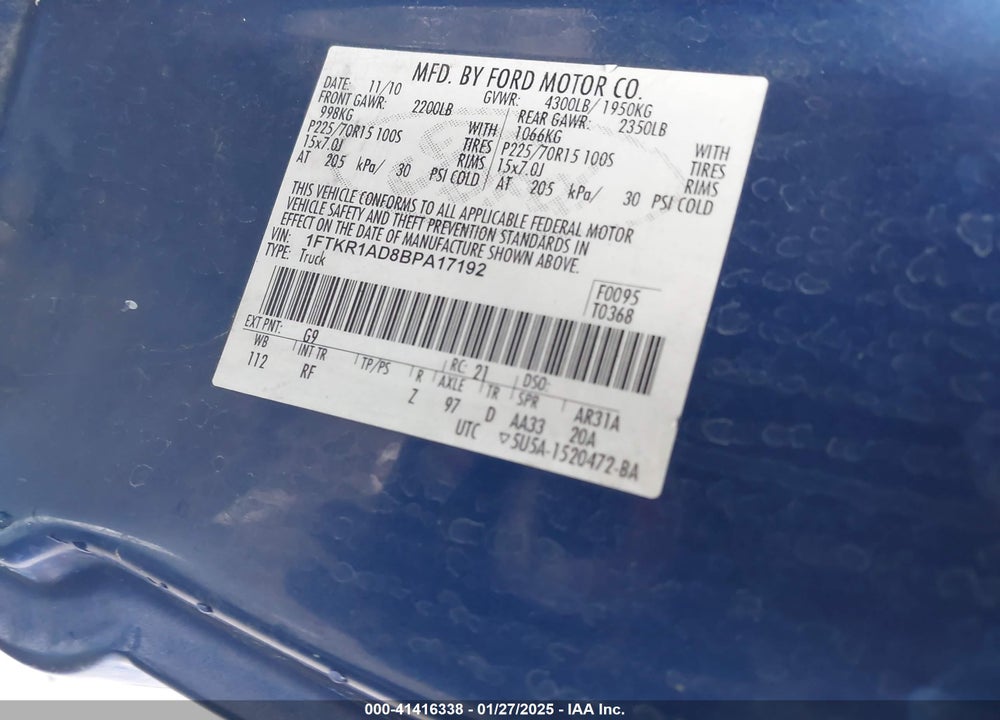 2011 FORD RANGER VIN: 1FTKR1AD8BPA17192