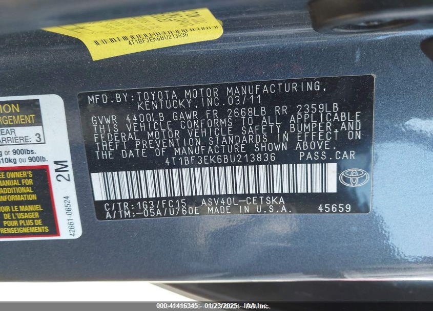 2011 TOYOTA CAMRY SE VIN: 4T1BF3EK6BU213836