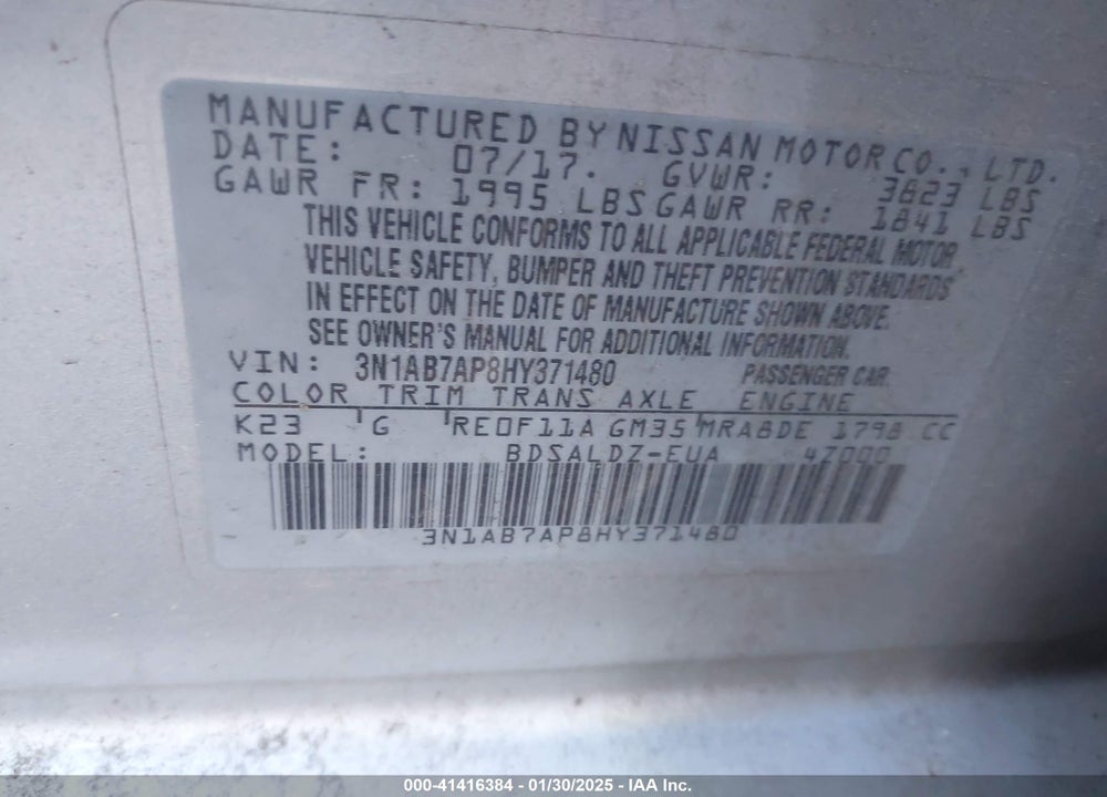 2017 NISSAN SENTRA VIN: 3N1AB7AP8HY371480