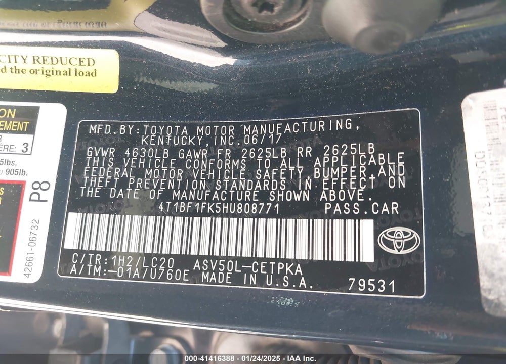 2017 TOYOTA CAMRY XSE VIN: 4T1BF1FK5HU808771