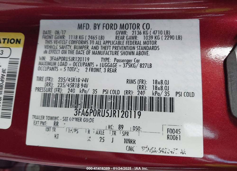 2018 FORD FUSION HYBRID VIN: 3FA6P0RU5JR120119