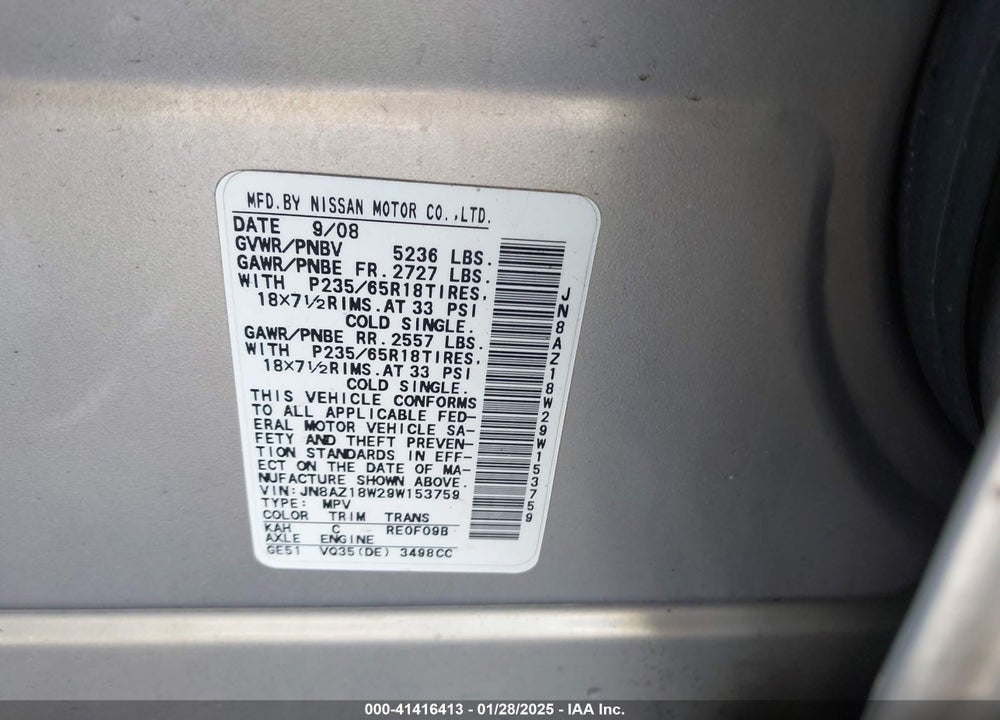 2009 NISSAN MURANO S VIN: JN8AZ18W29W153759