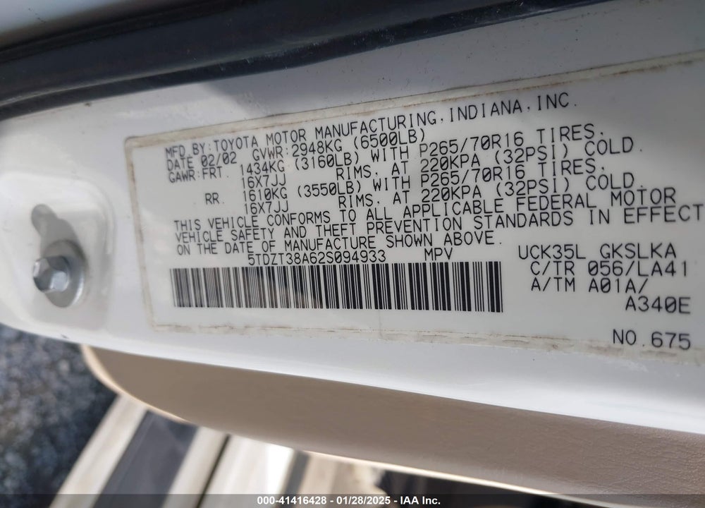 2002 TOYOTA SEQUOIA LIMITED V8 VIN: 5TDZT38A62S094933