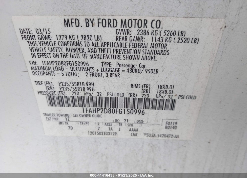 2015 FORD TAURUS VIN: 1FAHP2D80FG150996