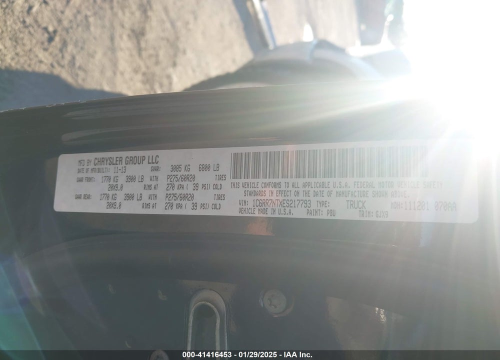 2014 RAM 1500 LAIE VIN: 1C6RR7NTXES217793