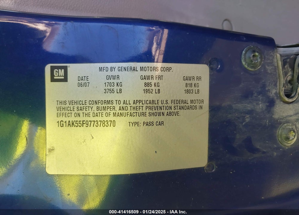 2007 CHEVROLET COBALT LS VIN: 1G1AK55F977378370
