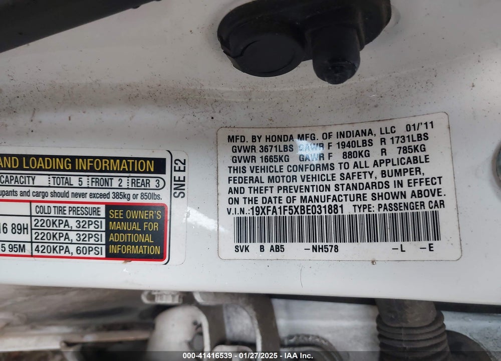2011 HONDA CIVIC VIN: 19XFA1F5XBE031881