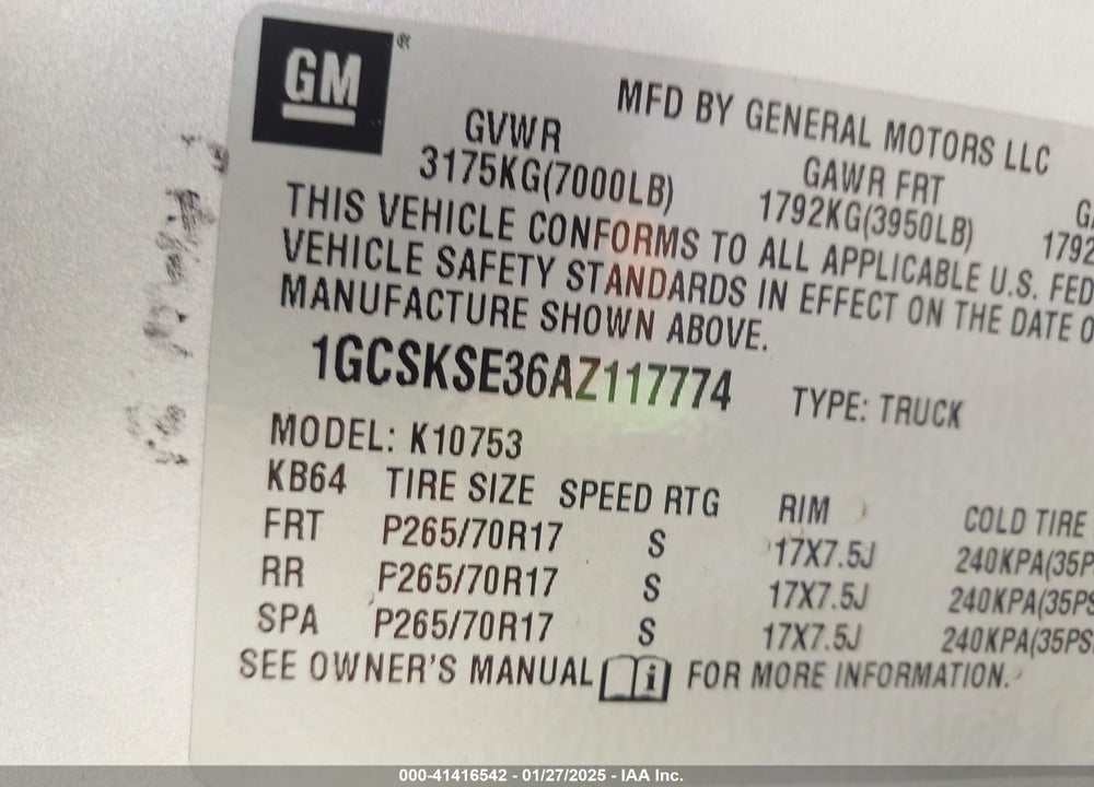 2010 CHEVROLET SILVERADO 1500 VIN: 1GCSKSE36AZ117774