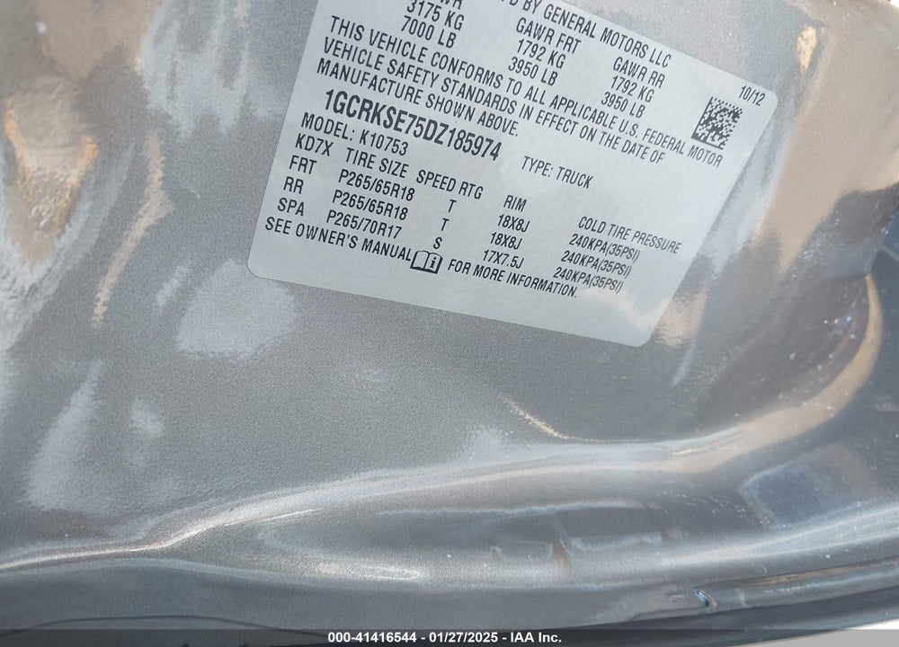 2013 CHEVROLET SILVERADO VIN: 1GCRKSE75DZ185974