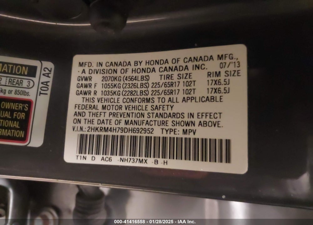 2013 HONDA CR-V EX-L VIN: 2HKRM4H79DH692952