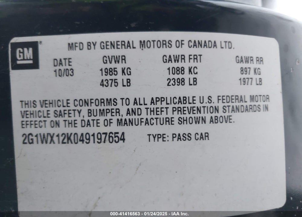 2004 CHEVROLET MONTE CARLO SS VIN: 2G1WX12K049197654