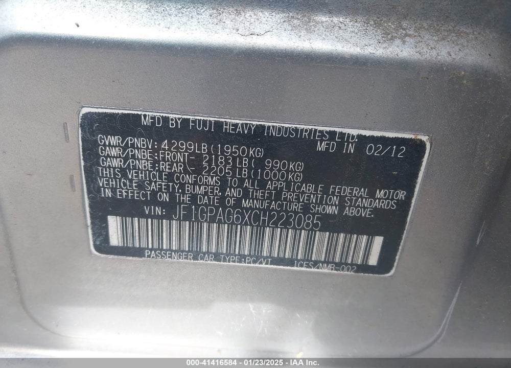 2012 SUBARU IMPREZA VIN: JF1GPAG6XCH223085