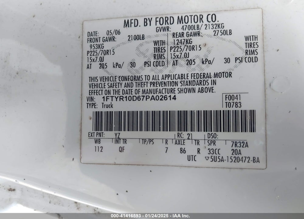 2007 FORD RANGER VIN: 1FTYR10D67PA02614
