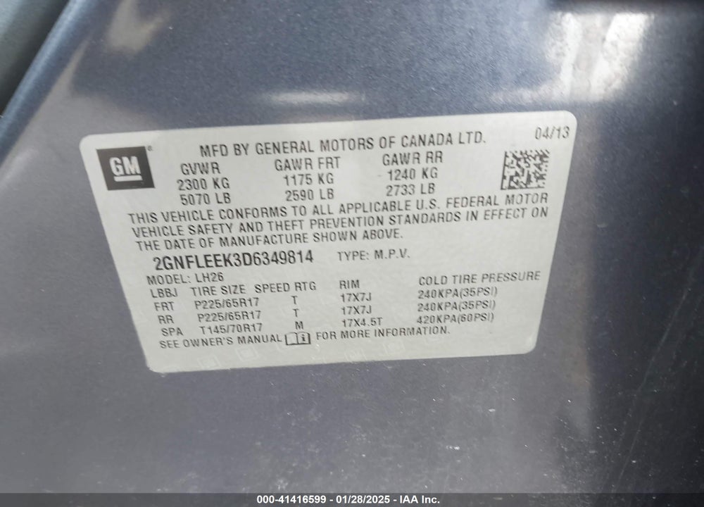 2013 CHEVROLET EQUINOX 1LT VIN: 2GNFLEEK3D6349814