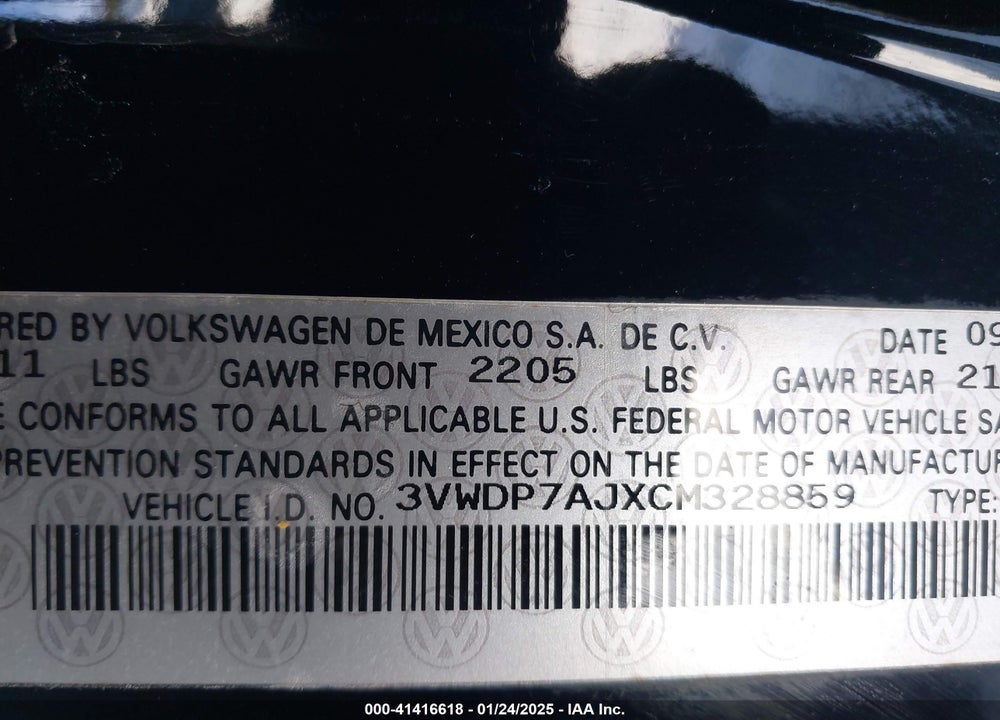 2012 VOLKSWAGEN JETTA 2.5L SE VIN: 3VWDP7AJXCM328859