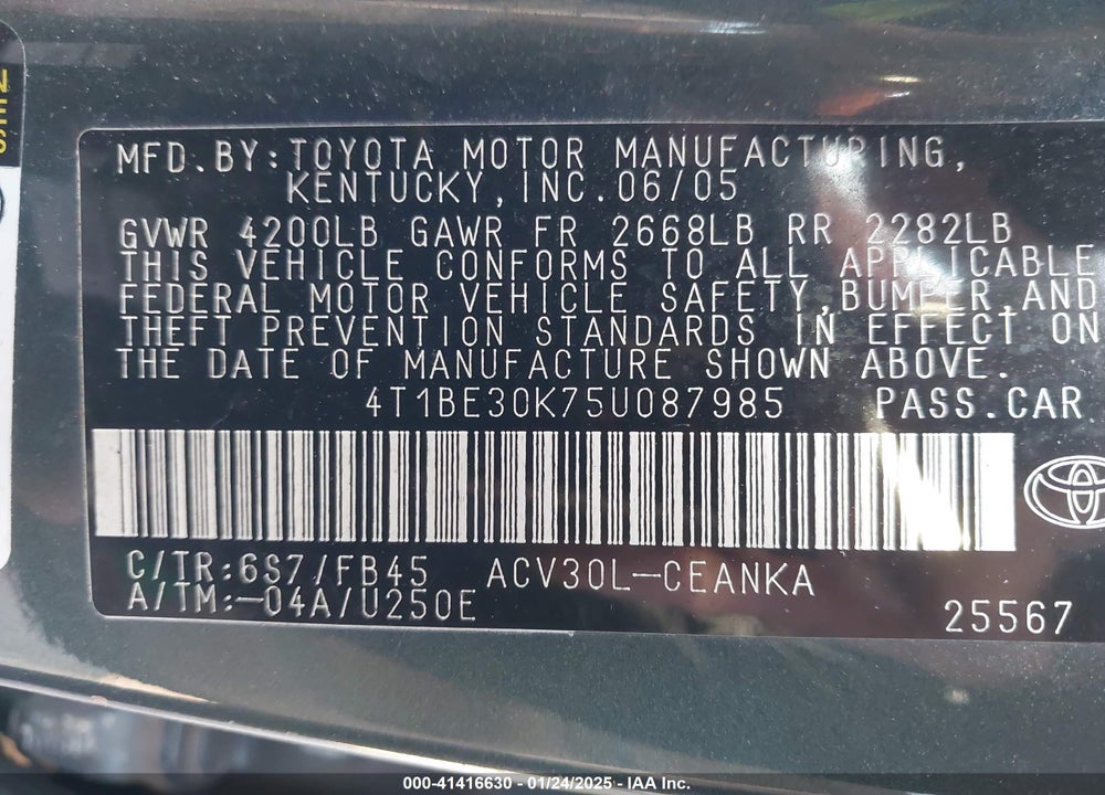 2005 TOYOTA CAMRY LE VIN: 4T1BE30K75U087985