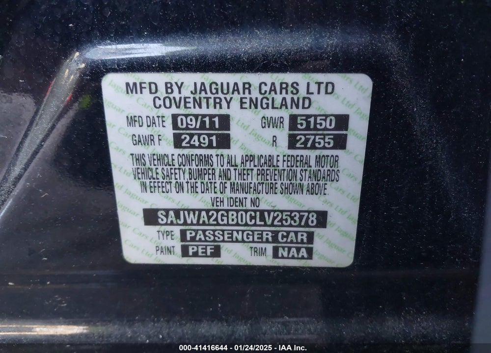 2012 JAGUAR XJ XJL PORTFOLIO VIN: SAJWA2GB0CLV25378