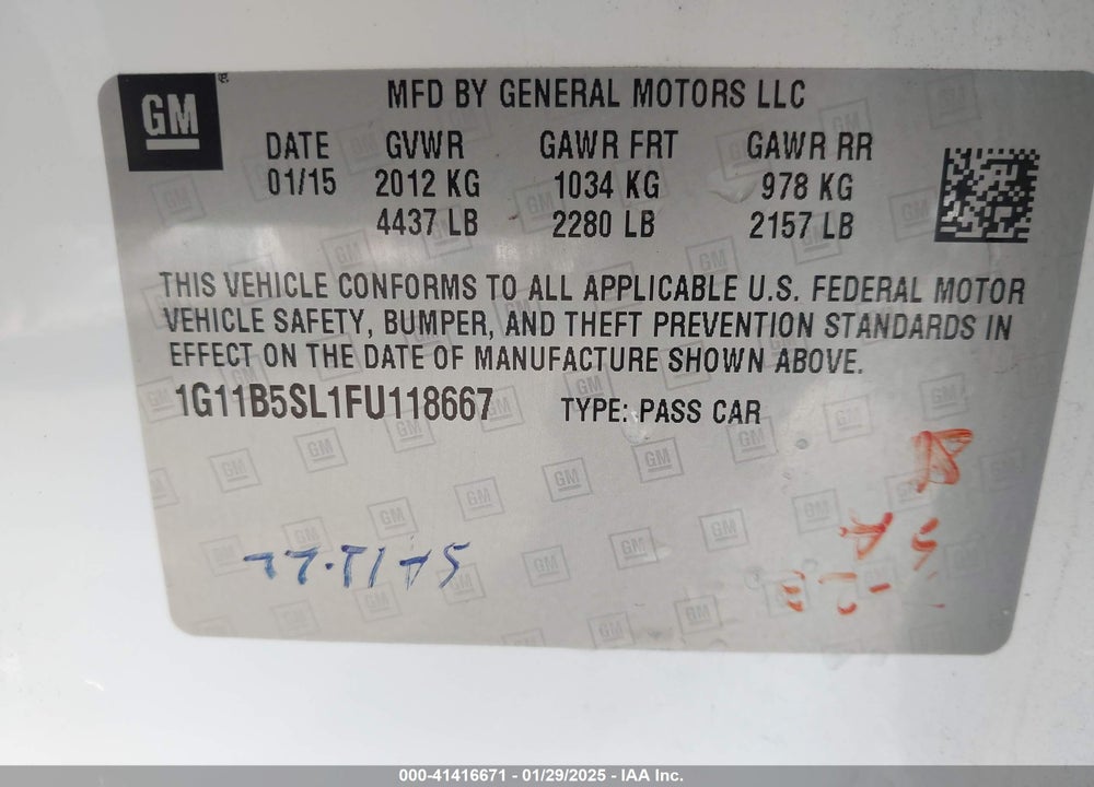 2015 CHEVROLET MALIBU VIN: 1G11B5SL1FU118667