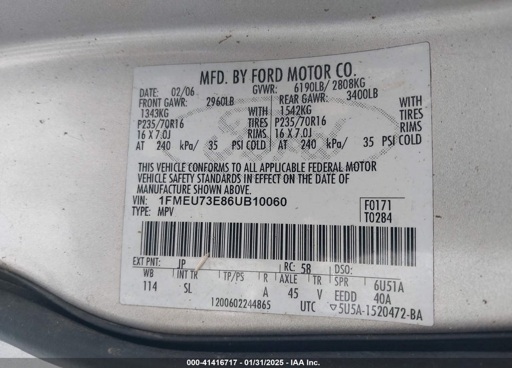 2006 FORD EXPLORER XLT VIN: 1FMEU73E86UB10060