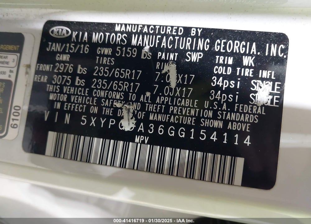 2016 KIA SORENTO 2.4L LX VIN: 5XYPGDA36GG154114