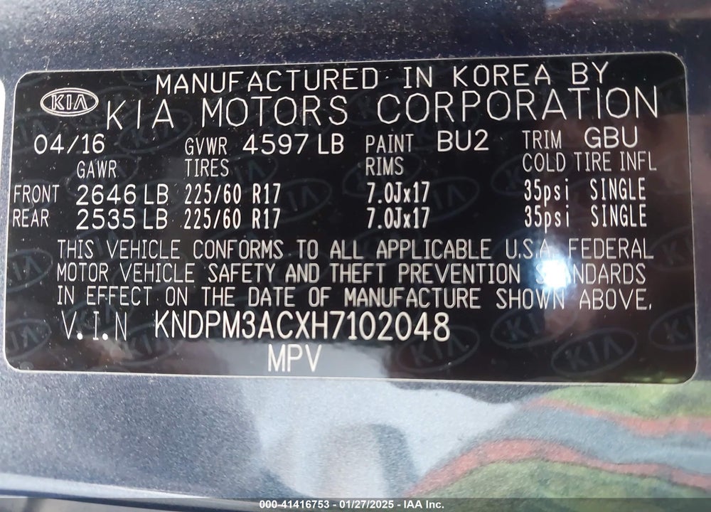 2017 KIA SPORTAGE LX VIN: KNDPM3ACXH7102048