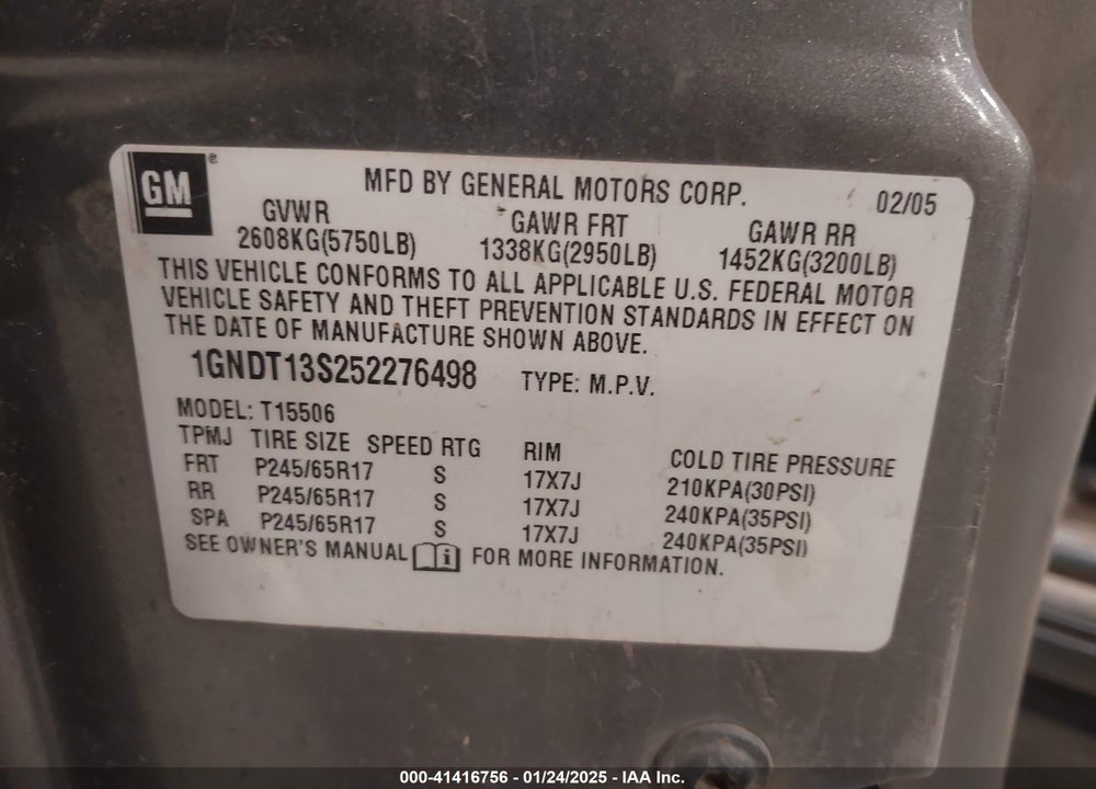 2005 CHEVROLET TRAILBLAZER LS VIN: 1GNDT13S252276498