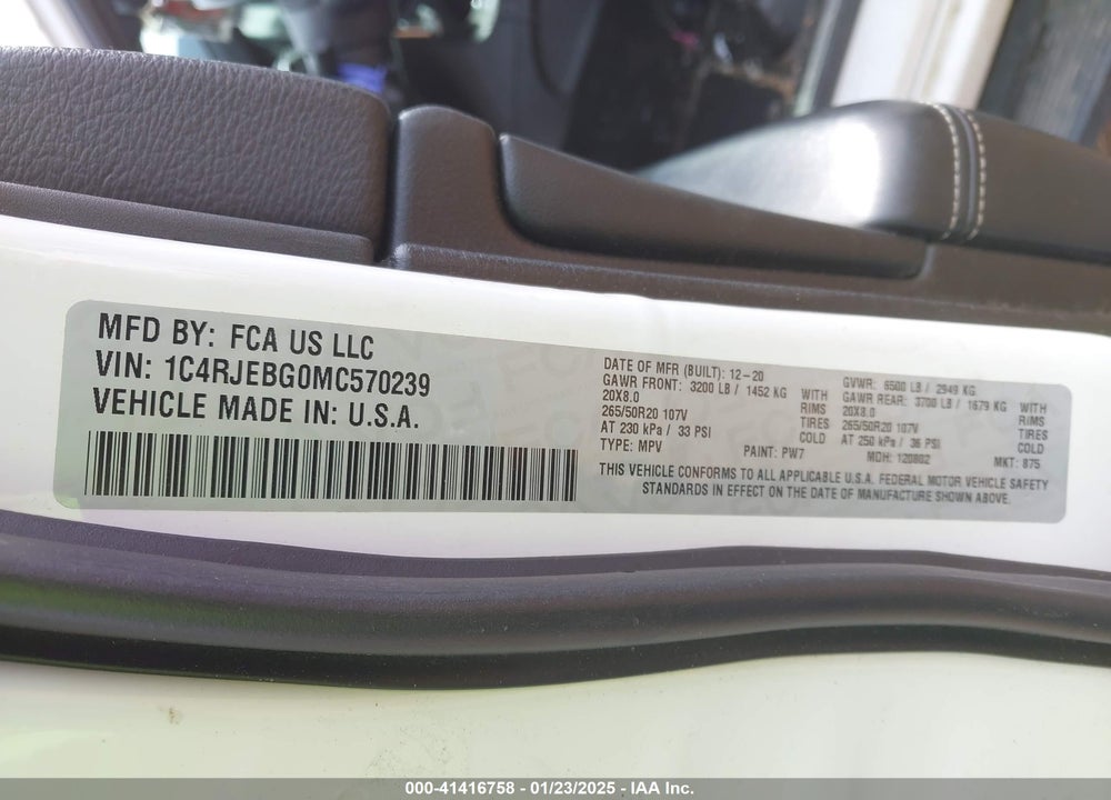 2021 JEEP GRAND CHEROKEE VIN: 1C4RJEBG0MC570239