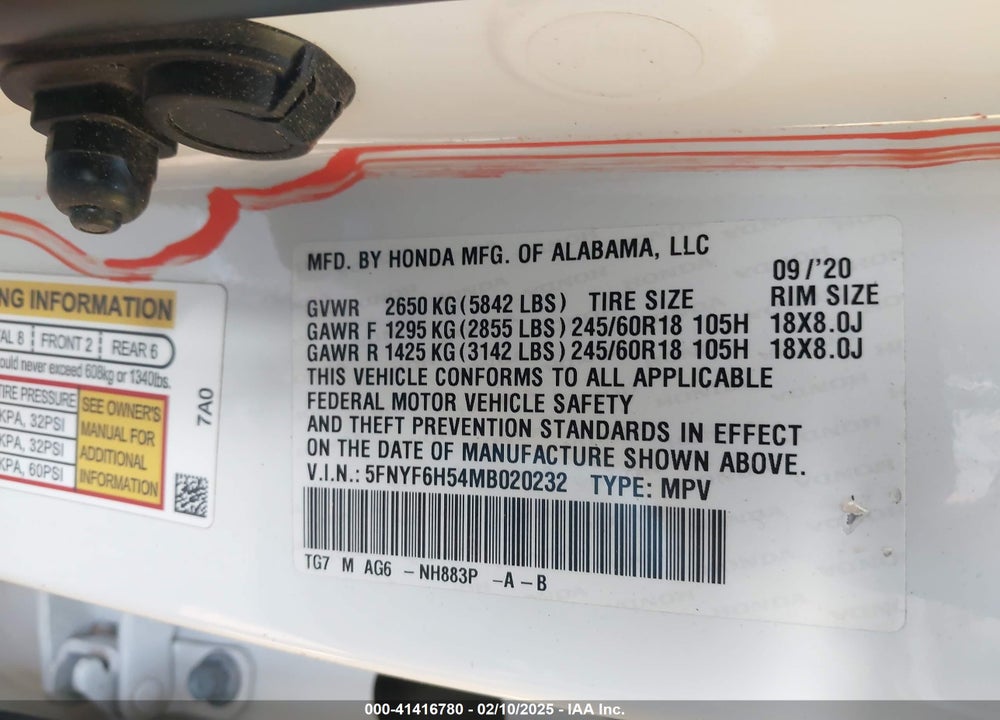 2021 HONDA PILOT VIN: 5FNYF6H54MB020232